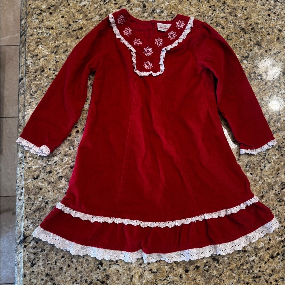 Hanna Andersson corduroy Red Dress with White Lace Trim size 5T